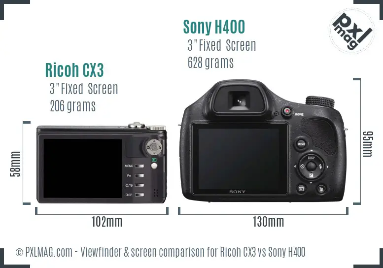 Ricoh CX3 vs Sony H400 Screen and Viewfinder comparison