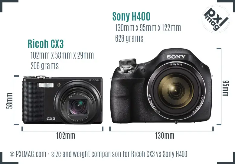 Ricoh CX3 vs Sony H400 size comparison