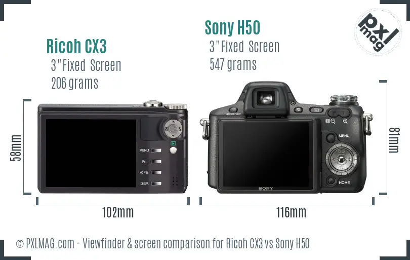 Ricoh CX3 vs Sony H50 Screen and Viewfinder comparison