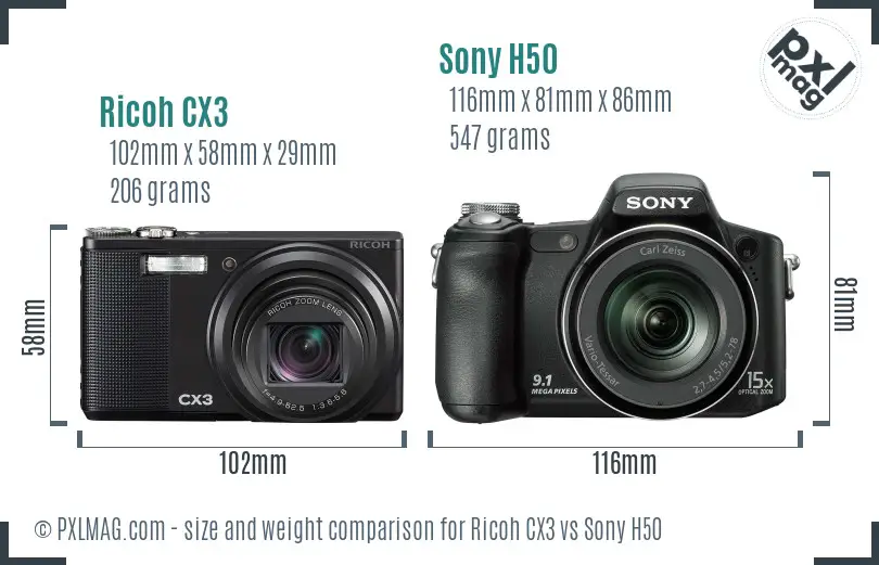 Ricoh CX3 vs Sony H50 size comparison