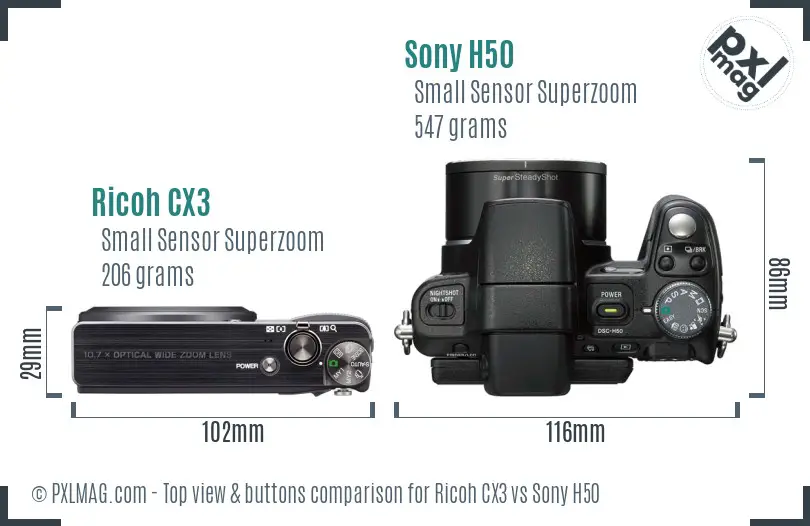 Ricoh CX3 vs Sony H50 top view buttons comparison