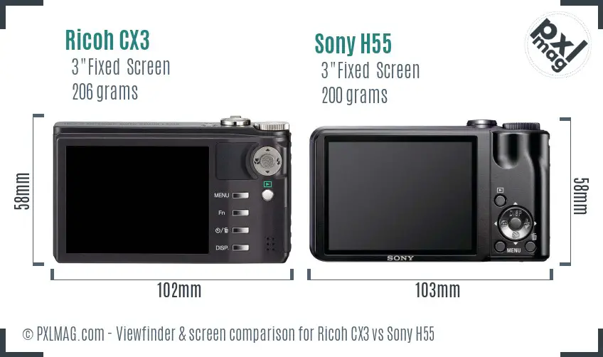 Ricoh CX3 vs Sony H55 Screen and Viewfinder comparison