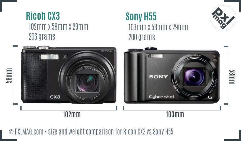 Ricoh CX3 vs Sony H55 size comparison