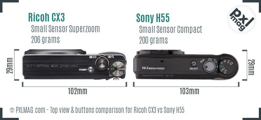 Ricoh CX3 vs Sony H55 top view buttons comparison