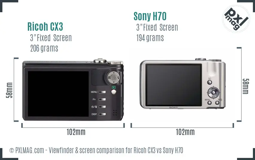 Ricoh CX3 vs Sony H70 Screen and Viewfinder comparison