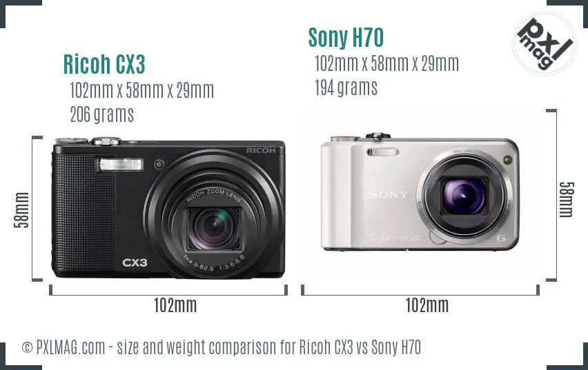 Ricoh CX3 vs Sony H70 size comparison