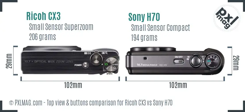 Ricoh CX3 vs Sony H70 top view buttons comparison