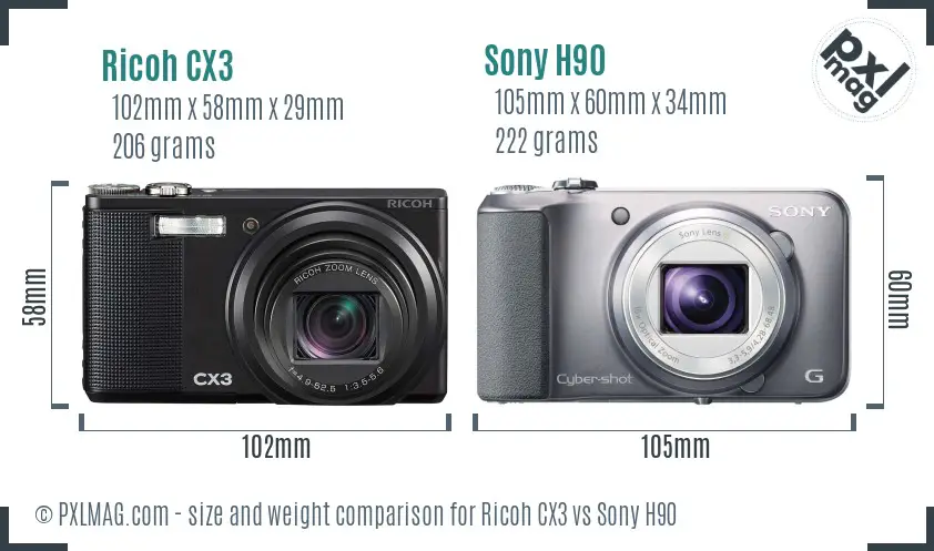 Ricoh CX3 vs Sony H90 size comparison