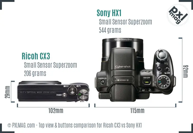 Ricoh CX3 vs Sony HX1 top view buttons comparison