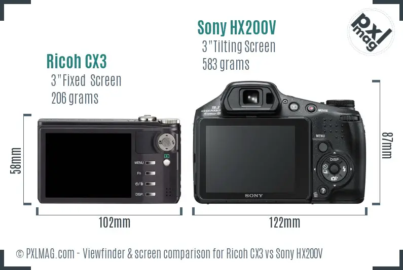 Ricoh CX3 vs Sony HX200V Screen and Viewfinder comparison