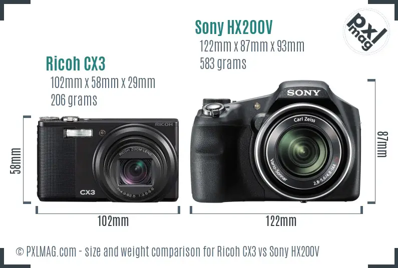 Ricoh CX3 vs Sony HX200V size comparison