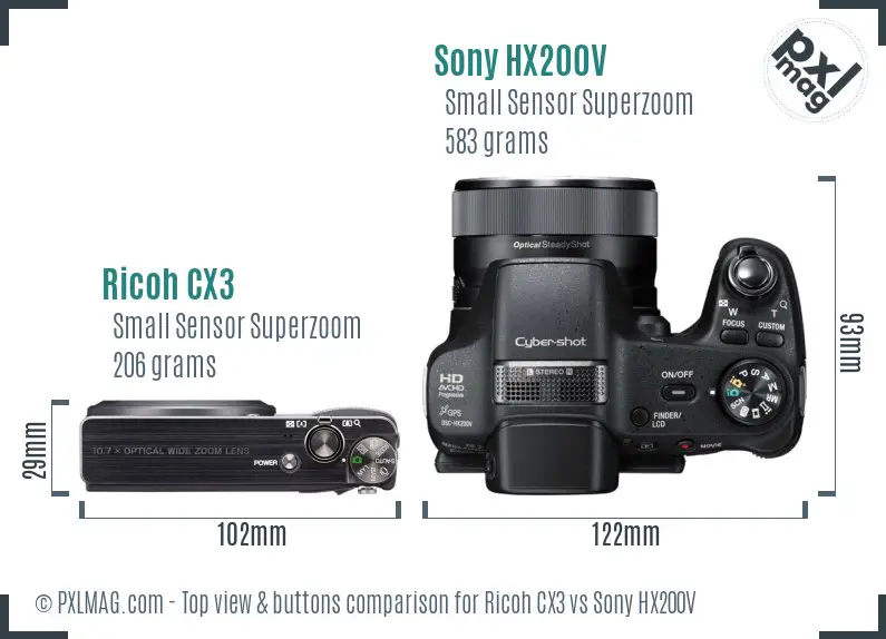 Ricoh CX3 vs Sony HX200V top view buttons comparison