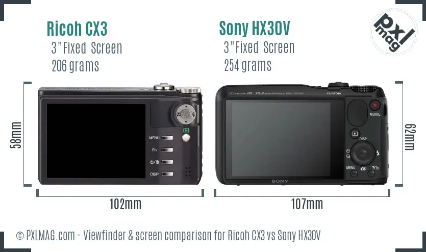 Ricoh CX3 vs Sony HX30V Screen and Viewfinder comparison