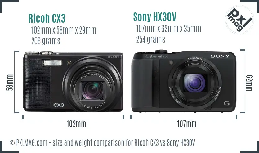 Ricoh CX3 vs Sony HX30V size comparison