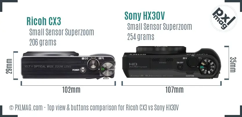 Ricoh CX3 vs Sony HX30V top view buttons comparison