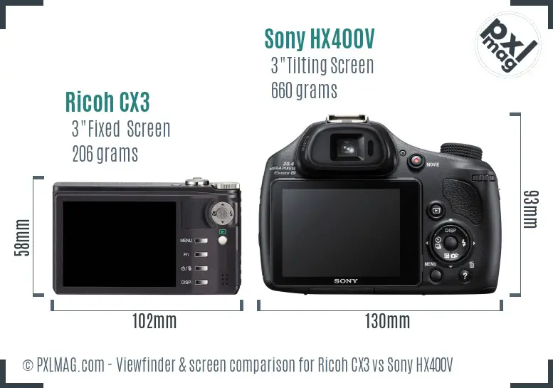 Ricoh CX3 vs Sony HX400V Screen and Viewfinder comparison