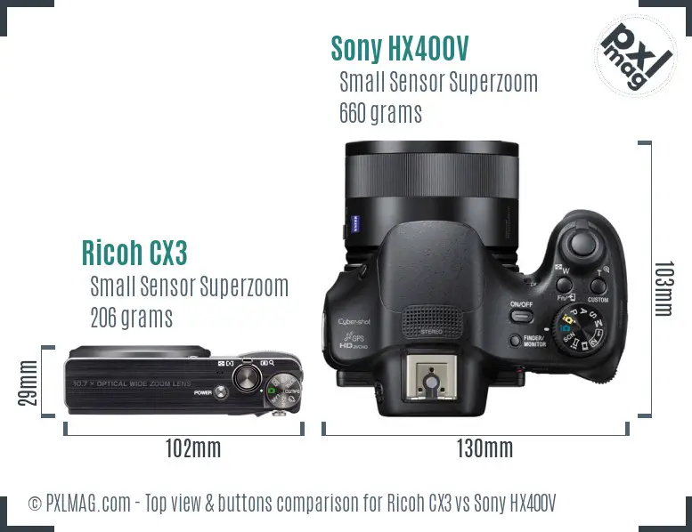 Ricoh CX3 vs Sony HX400V top view buttons comparison