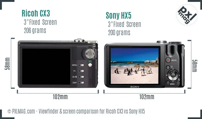 Ricoh CX3 vs Sony HX5 Screen and Viewfinder comparison