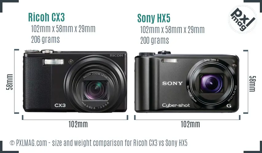 Ricoh CX3 vs Sony HX5 size comparison