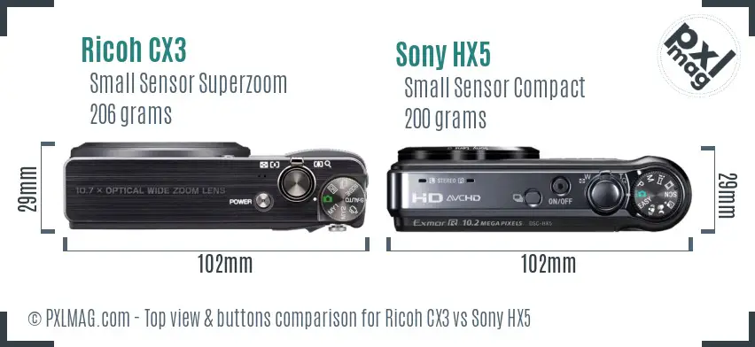 Ricoh CX3 vs Sony HX5 top view buttons comparison