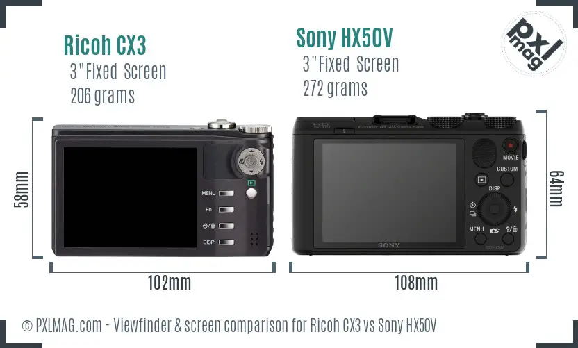 Ricoh CX3 vs Sony HX50V Screen and Viewfinder comparison