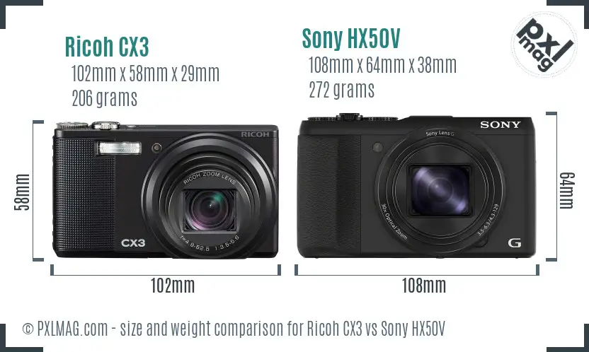 Ricoh CX3 vs Sony HX50V size comparison