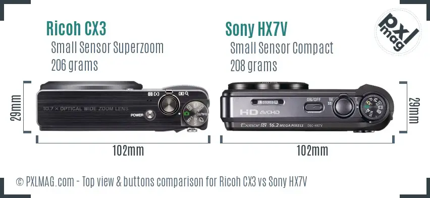 Ricoh CX3 vs Sony HX7V top view buttons comparison