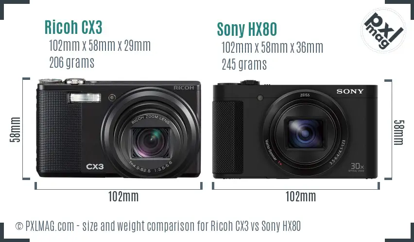 Ricoh CX3 vs Sony HX80 size comparison
