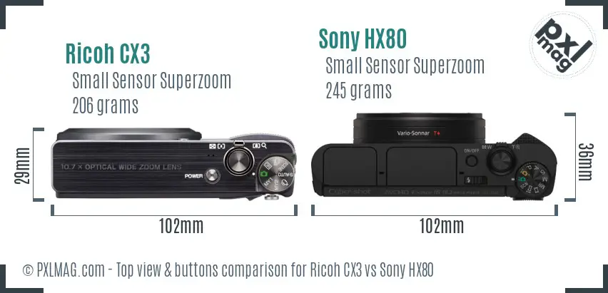 Ricoh CX3 vs Sony HX80 top view buttons comparison