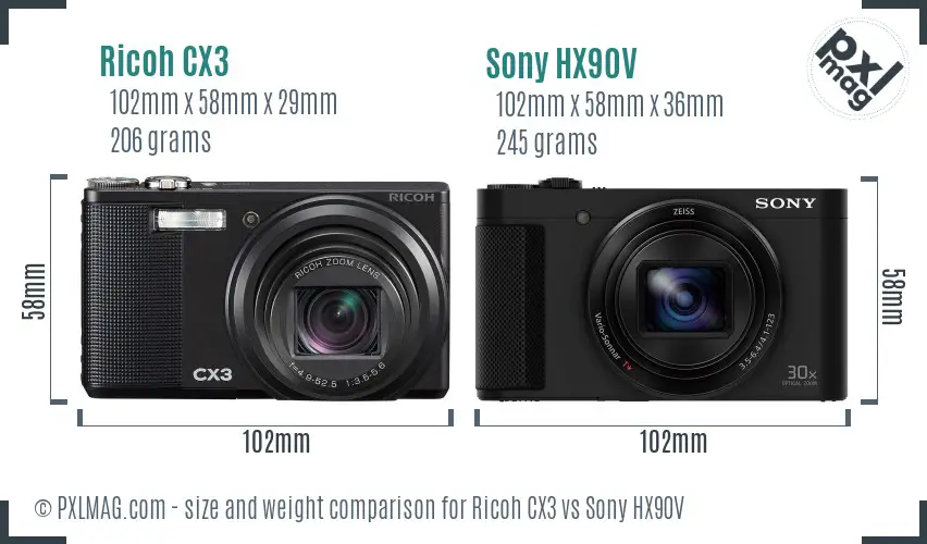 Ricoh CX3 vs Sony HX90V size comparison