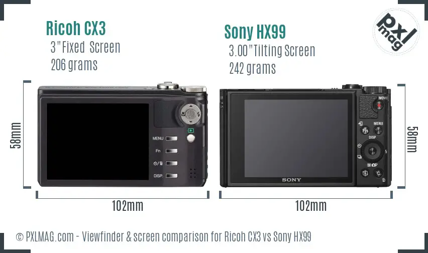 Ricoh CX3 vs Sony HX99 Screen and Viewfinder comparison