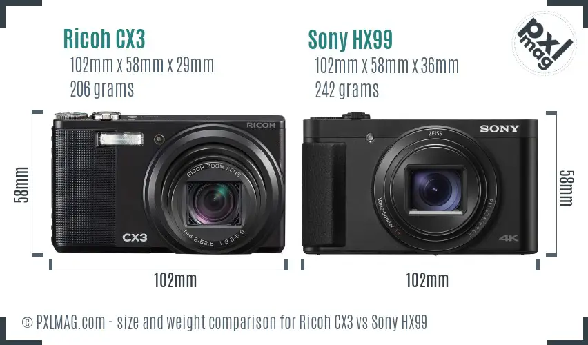 Ricoh CX3 vs Sony HX99 size comparison