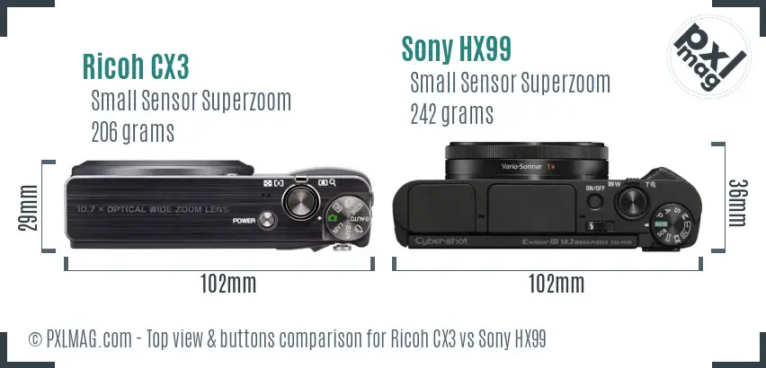 Ricoh CX3 vs Sony HX99 top view buttons comparison