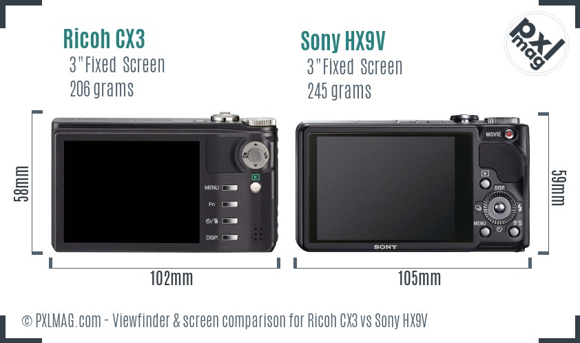 Ricoh CX3 vs Sony HX9V Screen and Viewfinder comparison