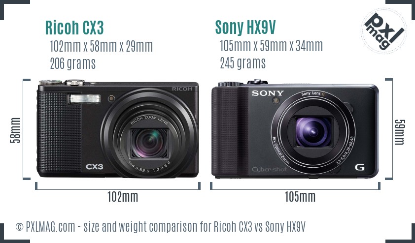 Ricoh CX3 vs Sony HX9V size comparison