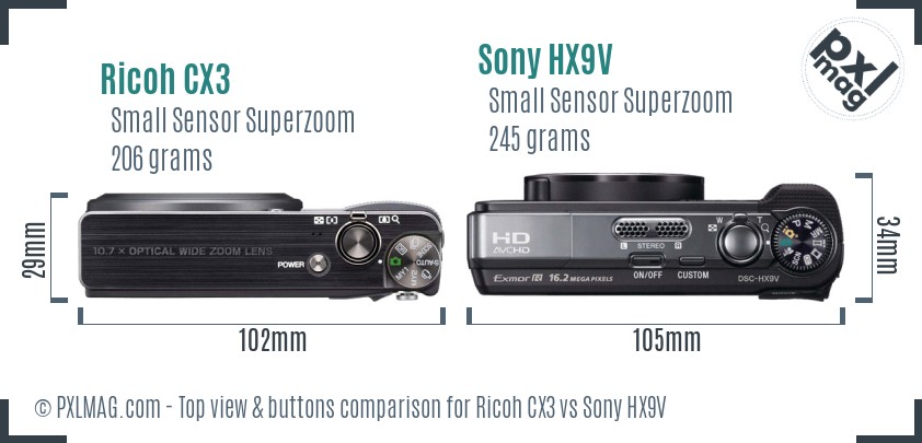 Ricoh CX3 vs Sony HX9V top view buttons comparison