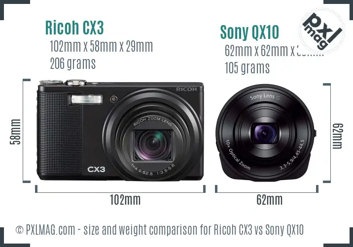 Ricoh CX3 vs Sony QX10 size comparison