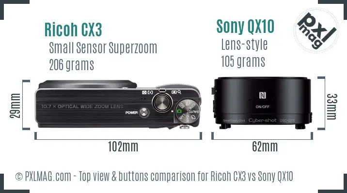 Ricoh CX3 vs Sony QX10 top view buttons comparison