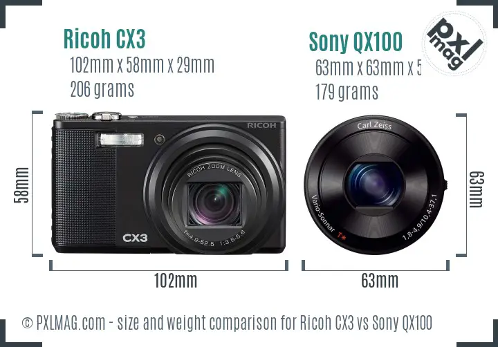 Ricoh CX3 vs Sony QX100 size comparison Ricoh CX3 vs Sony QX100 size comparison