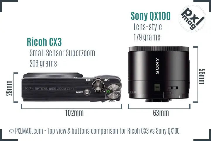 Ricoh CX3 vs Sony QX100 top view buttons comparison Ricoh CX3 vs Sony QX100 top view buttons comparison