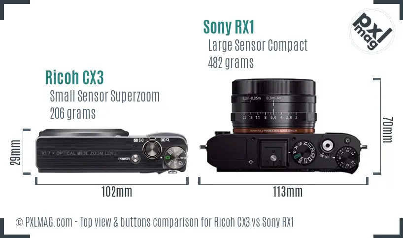 Ricoh CX3 vs Sony RX1 top view buttons comparison