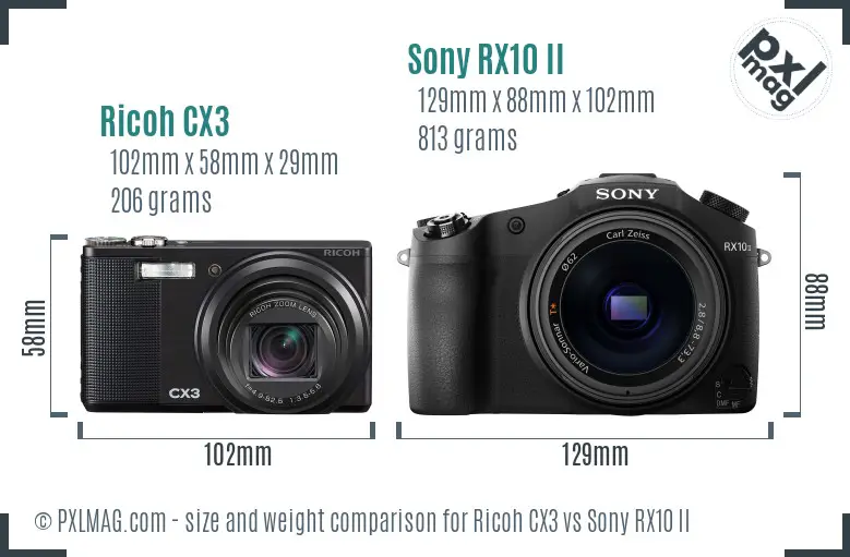 Ricoh CX3 vs Sony RX10 II size comparison