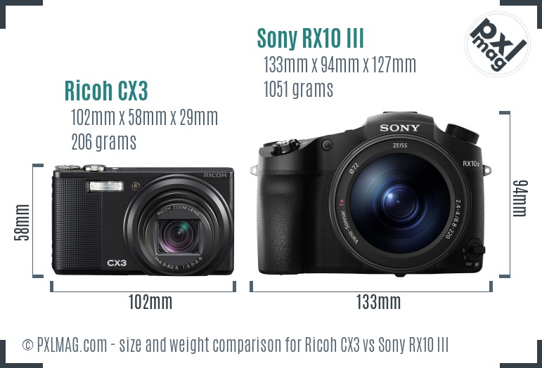 Ricoh CX3 vs Sony RX10 III size comparison