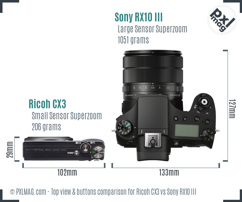 Ricoh CX3 vs Sony RX10 III top view buttons comparison