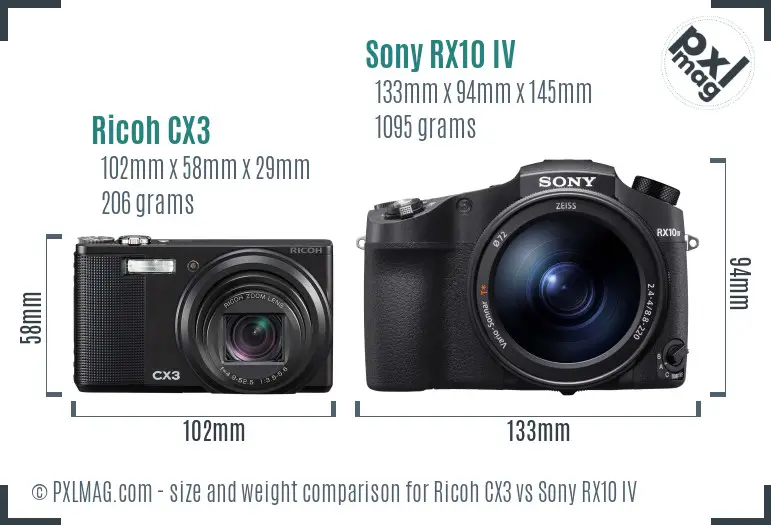 Ricoh CX3 vs Sony RX10 IV size comparison