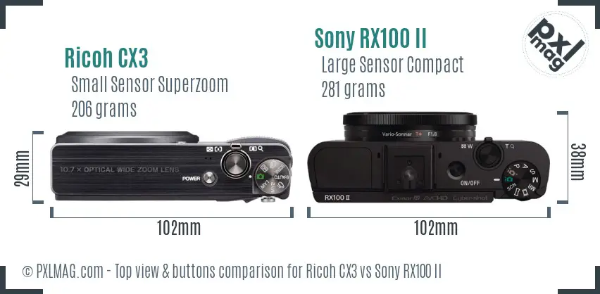 Ricoh CX3 vs Sony RX100 II top view buttons comparison
