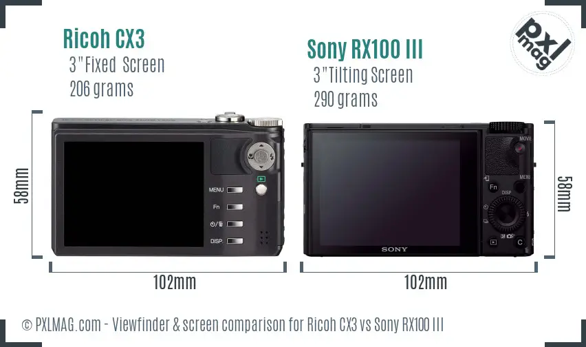 Ricoh CX3 vs Sony RX100 III Screen and Viewfinder comparison