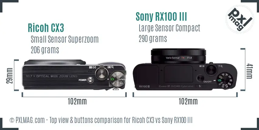 Ricoh CX3 vs Sony RX100 III top view buttons comparison