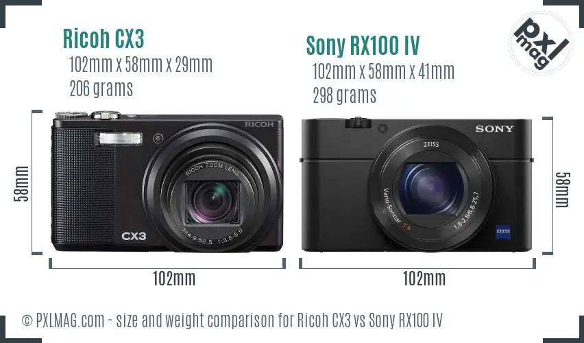 Ricoh CX3 vs Sony RX100 IV size comparison