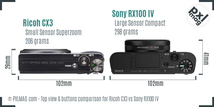 Ricoh CX3 vs Sony RX100 IV top view buttons comparison